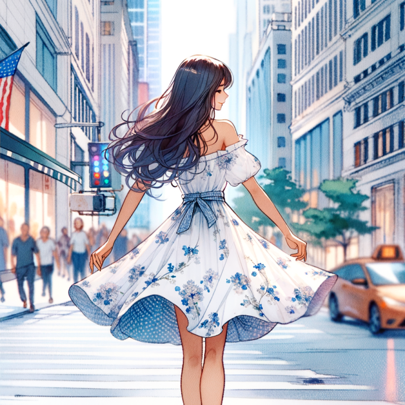 Levi Sap Nei Thang White Dress with Blue Flowers Pattern walking in the street